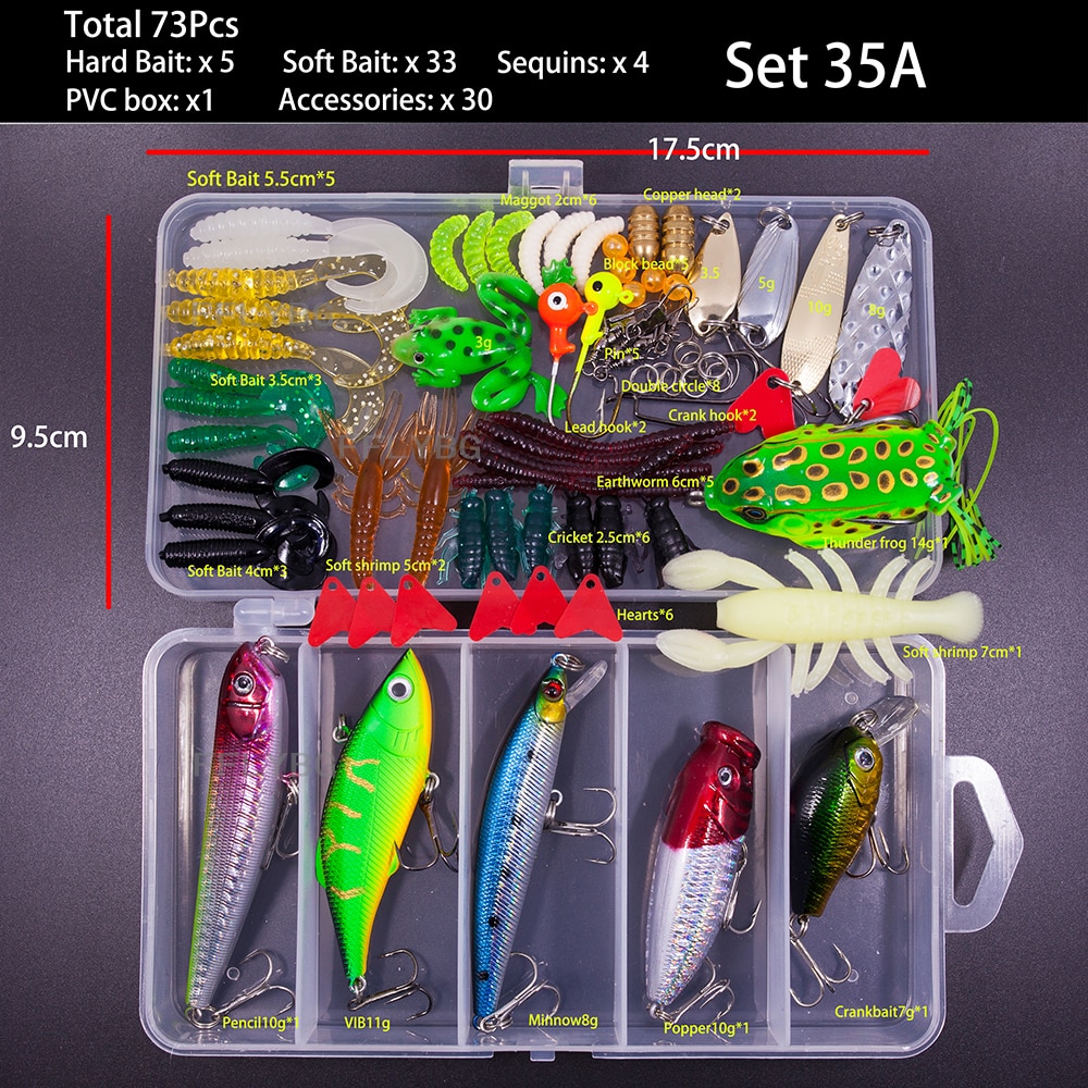 FFLYBG New Mixed Fishing Lure Set Soft and Hard Bait Kit Minnow Metal Jig Spoon Tackle Accessories with Box For Bass Pike Crank