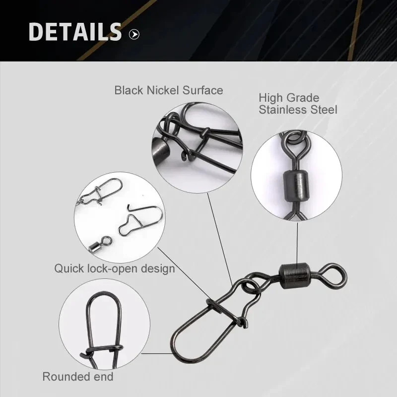 50pc/box Stainless Steel Fishing Connector Pin Bearing Rolling Swivel with Snap Fishhook Lure Accessories 50pc/box Stainless Steel Fishing Connector Pin Bearing Rolling Swivel with Snap Fishhook Lure Accessories