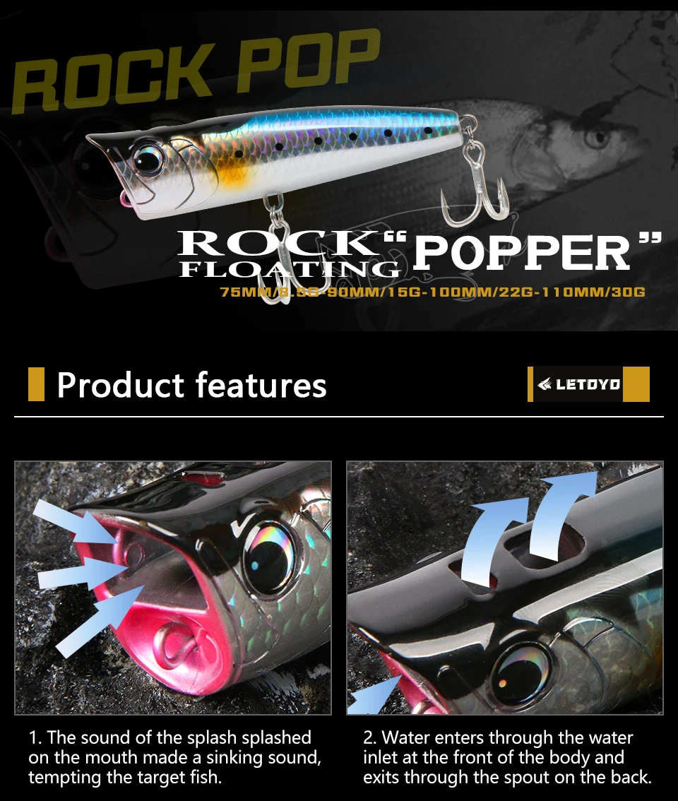 LETOYO Topwater Popper 8.5-30g floating Rock pop Artificial Hard Baits for Bass Perch Pike Fishing Lure LETOYO Topwater Popper 8.5-30g floating Rock pop Artificial Hard Baits for Bass Perch Pike Fishing Lure