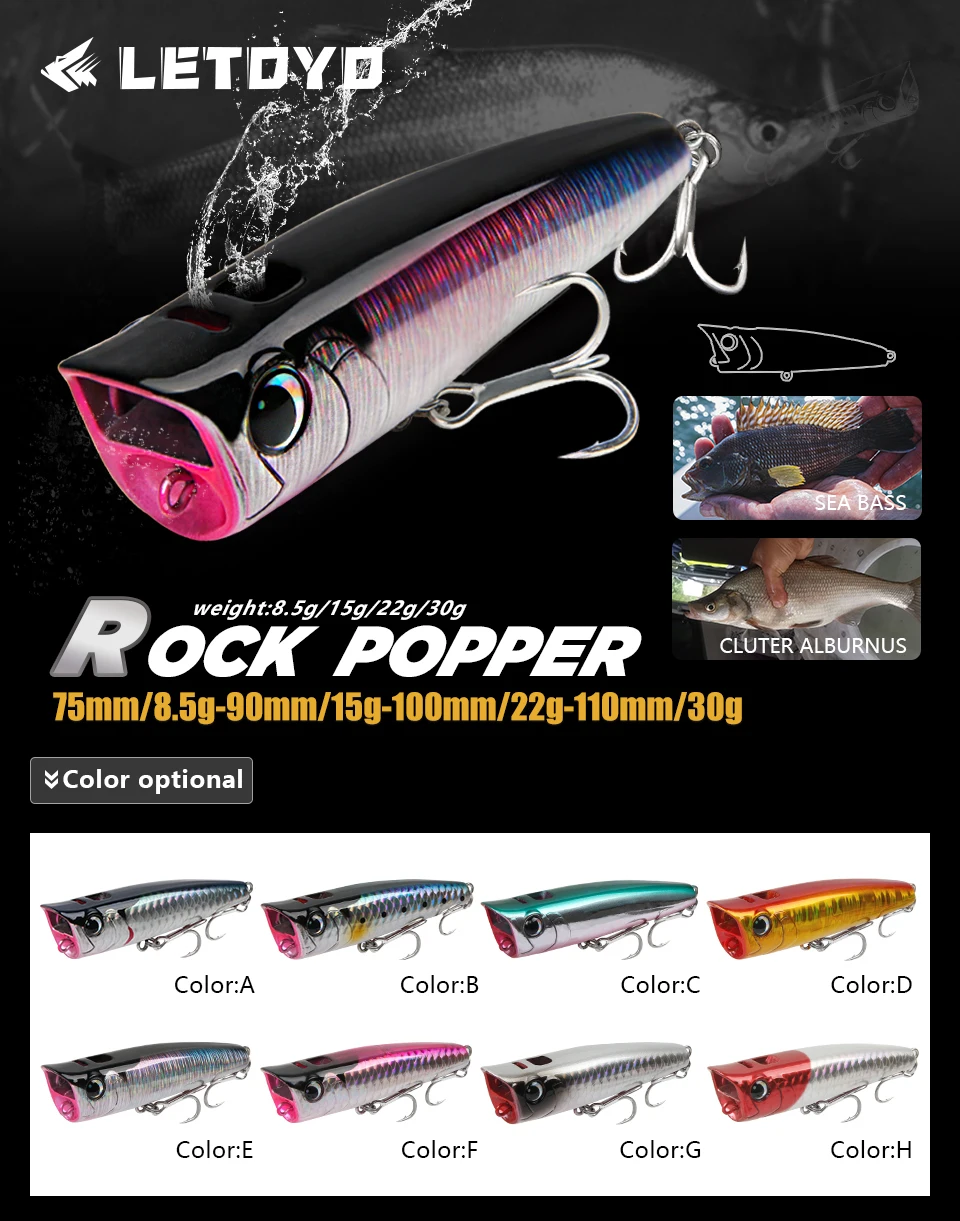 LETOYO Topwater Popper 8.5-30g floating Rock pop Artificial Hard Baits for Bass Perch Pike Fishing Lure LETOYO Topwater Popper 8.5-30g floating Rock pop Artificial Hard Baits for Bass Perch Pike Fishing Lure