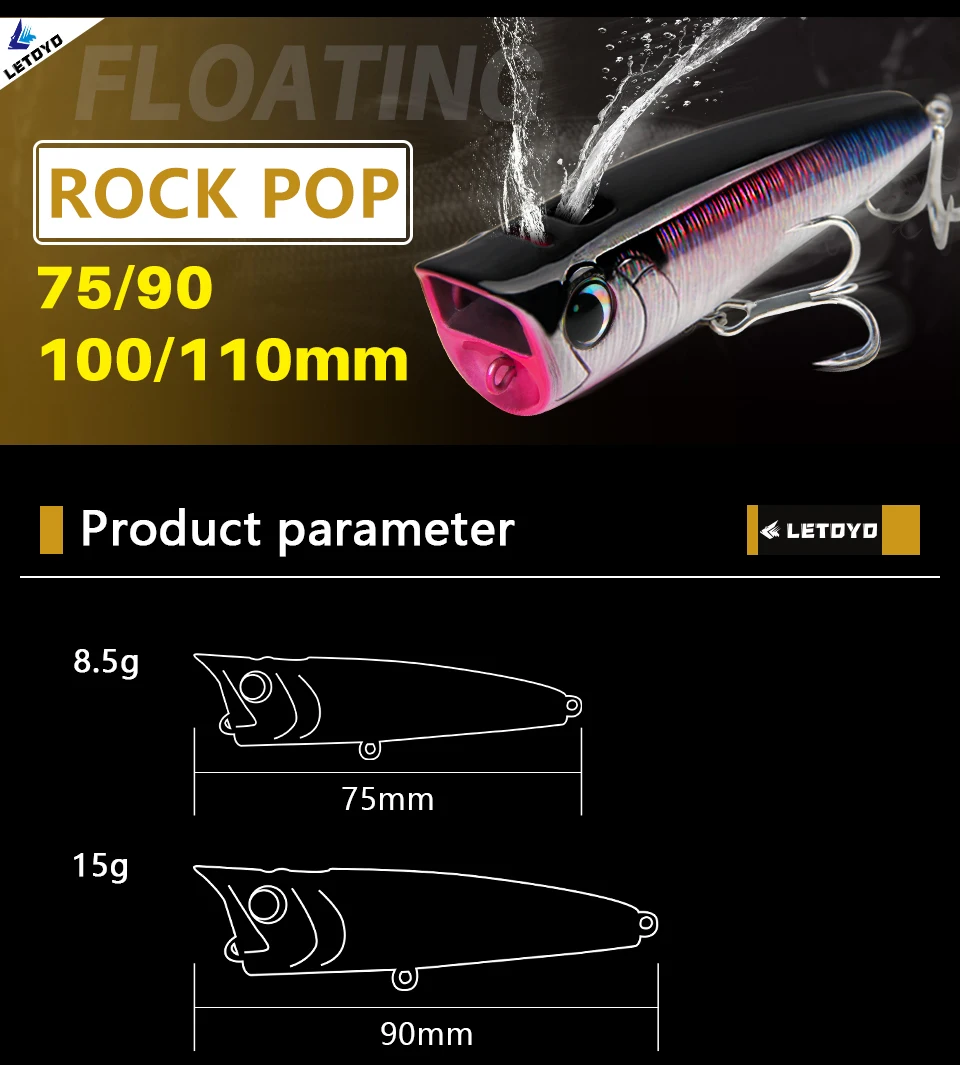 LETOYO Topwater Popper 8.5-30g floating Rock pop Artificial Hard Baits for Bass Perch Pike Fishing Lure LETOYO Topwater Popper 8.5-30g floating Rock pop Artificial Hard Baits for Bass Perch Pike Fishing Lure