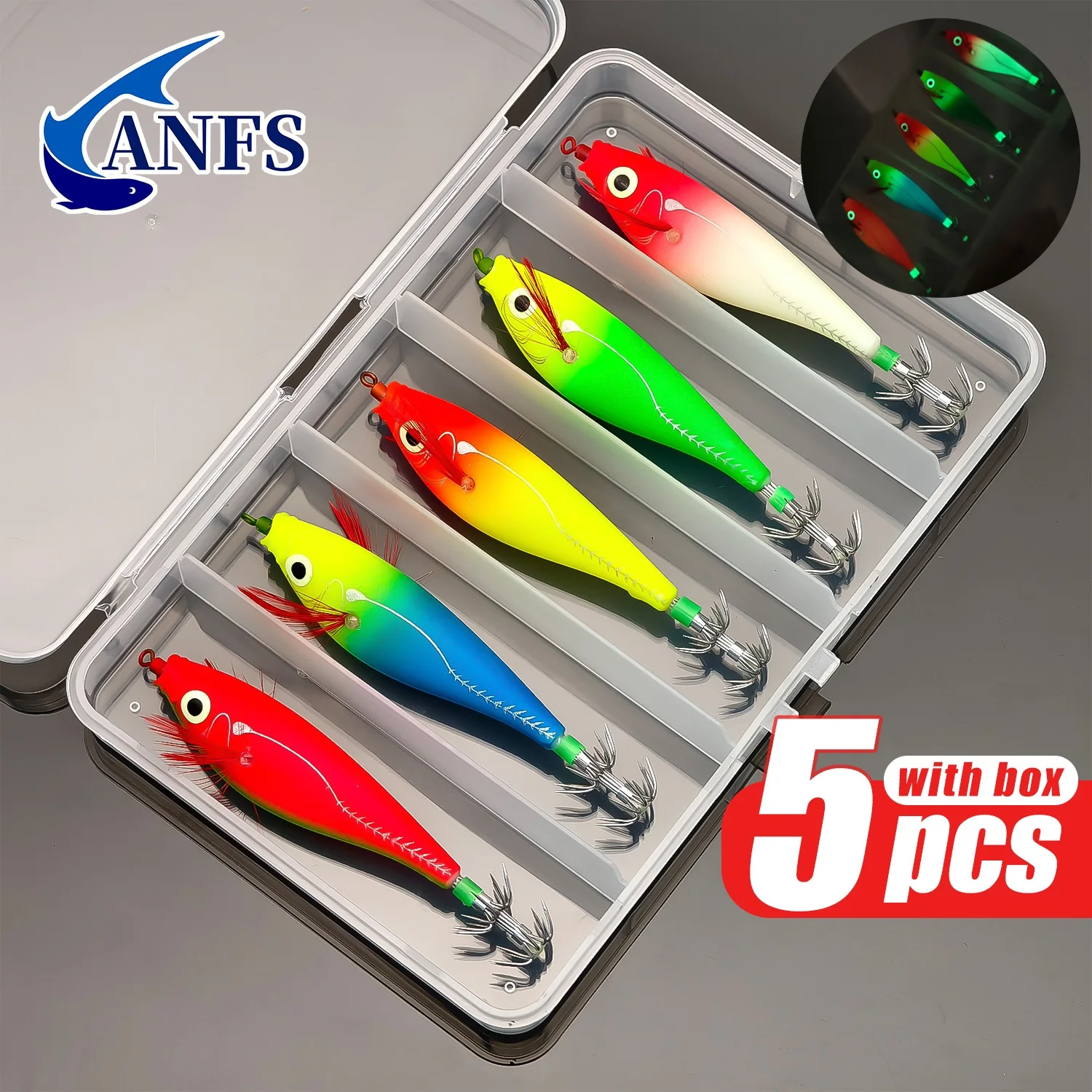 ANFS 5pcs Glowing Squid Hooks - Horizontal Shrimp Lures - Baits for Egi,Cuttlefish Squid Jigs,Hard Baits for Octopus Fishing ANFS 5pcs Glowing Squid Hooks - Horizontal Shrimp Lures - Baits for Egi,Cuttlefish Squid Jigs,Hard Baits for Octopus Fishing