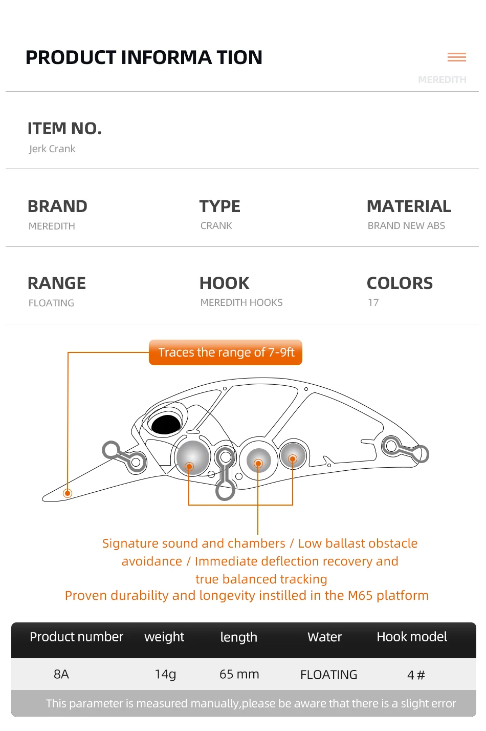 MEREDITH JERK CRANK M65 Floating 14g Hot Model Fishing Lure Hard Bait 11Color Wobbler Crank Quality Professional Depth 2.0-2.5m Meredith M65 crankbait
MEREDITH JERK CRANK M65 Floating 14g Hot Model Fishing Lure Hard Bait 11Color Wobbler Crank Quality Professional Depth 2.0-2.5m